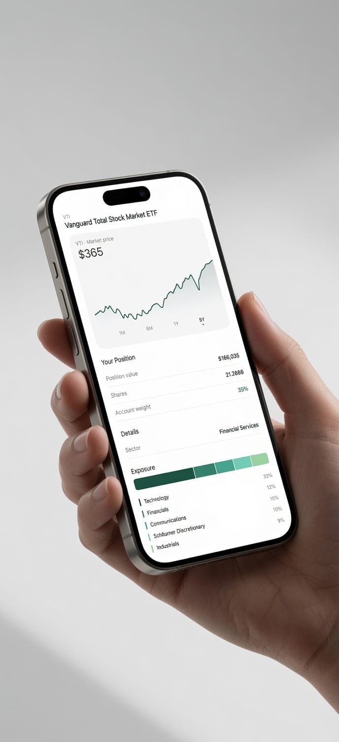The alooola app showing a physician's portfolio, holdings, and sector exposure