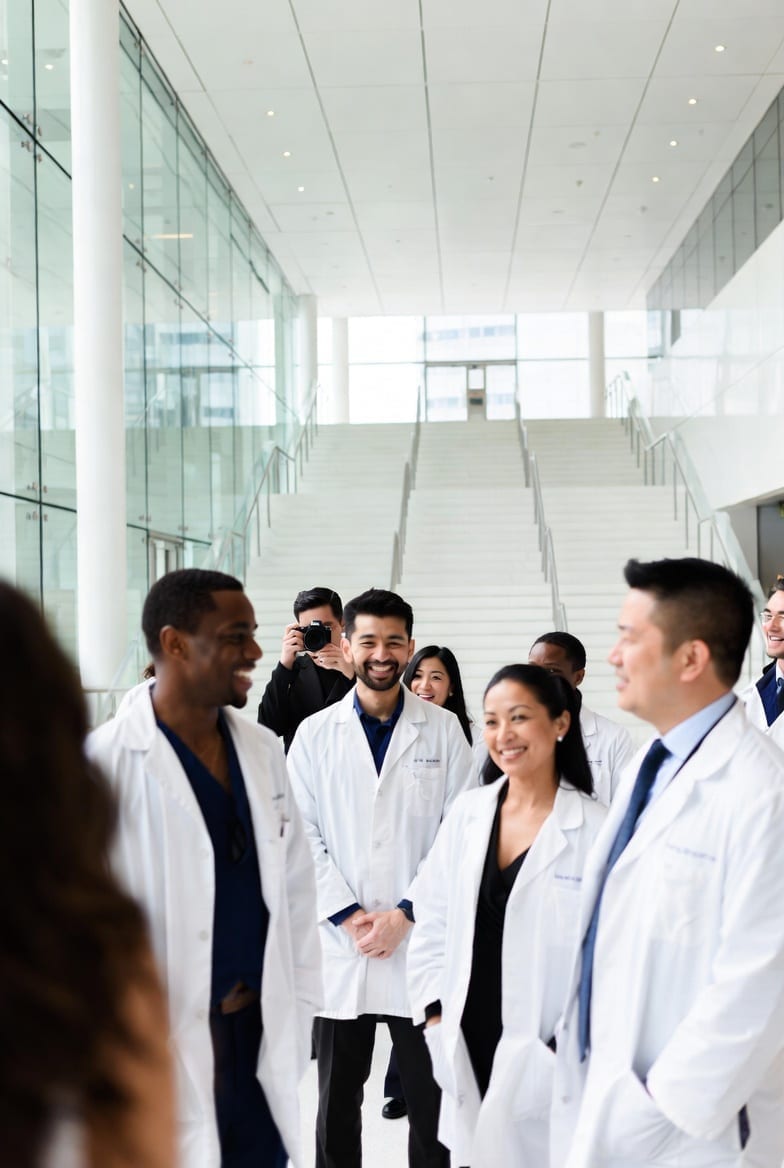 A team of physicians in a modern medical building