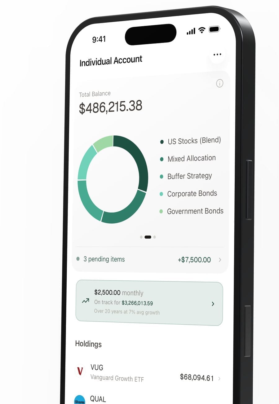 An account screen showing its total balance, allocation chart and holdings