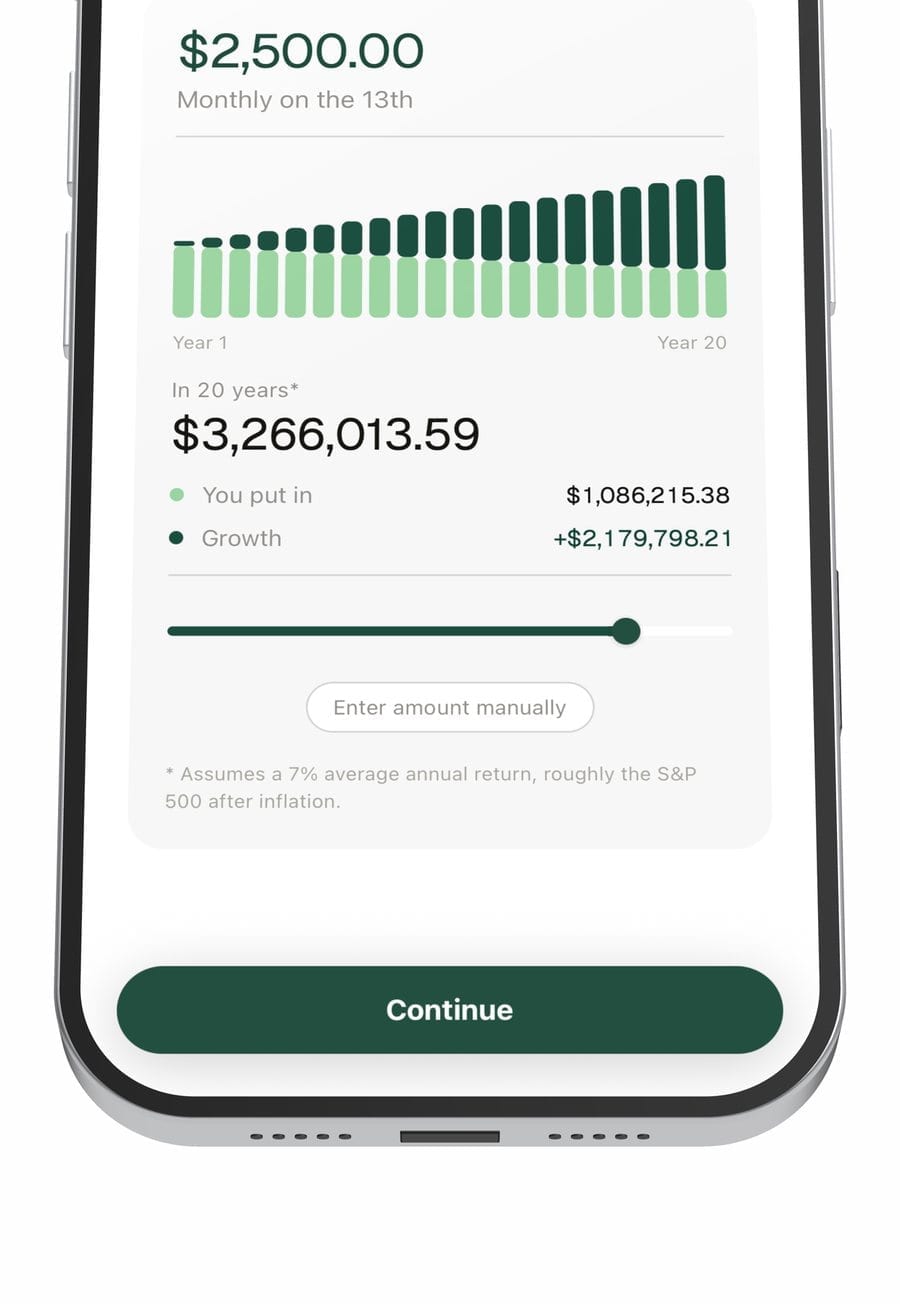 A recurring deposit screen with a monthly amount and a hypothetical 20-year projection