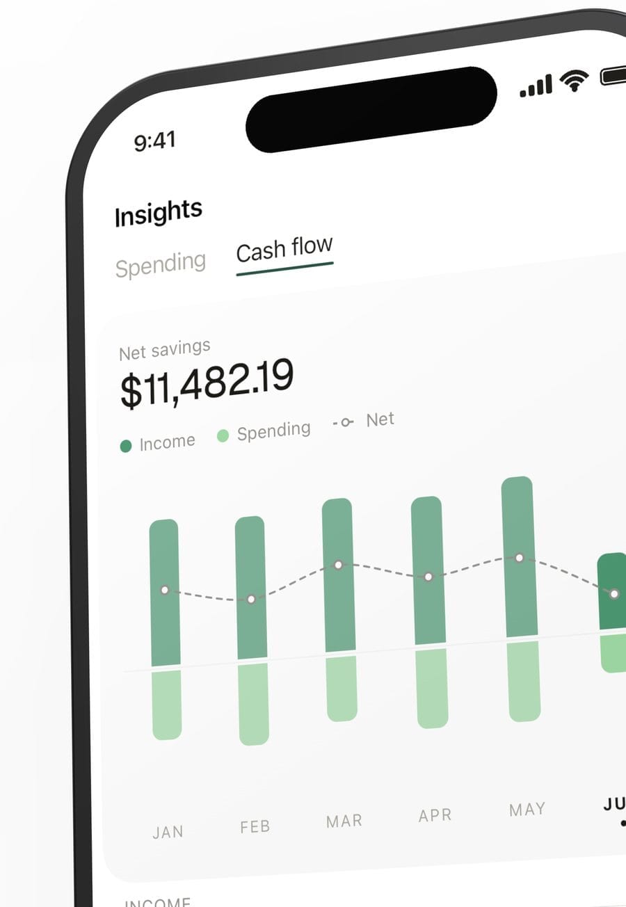 Cash flow insights showing net savings and monthly income and spending bars