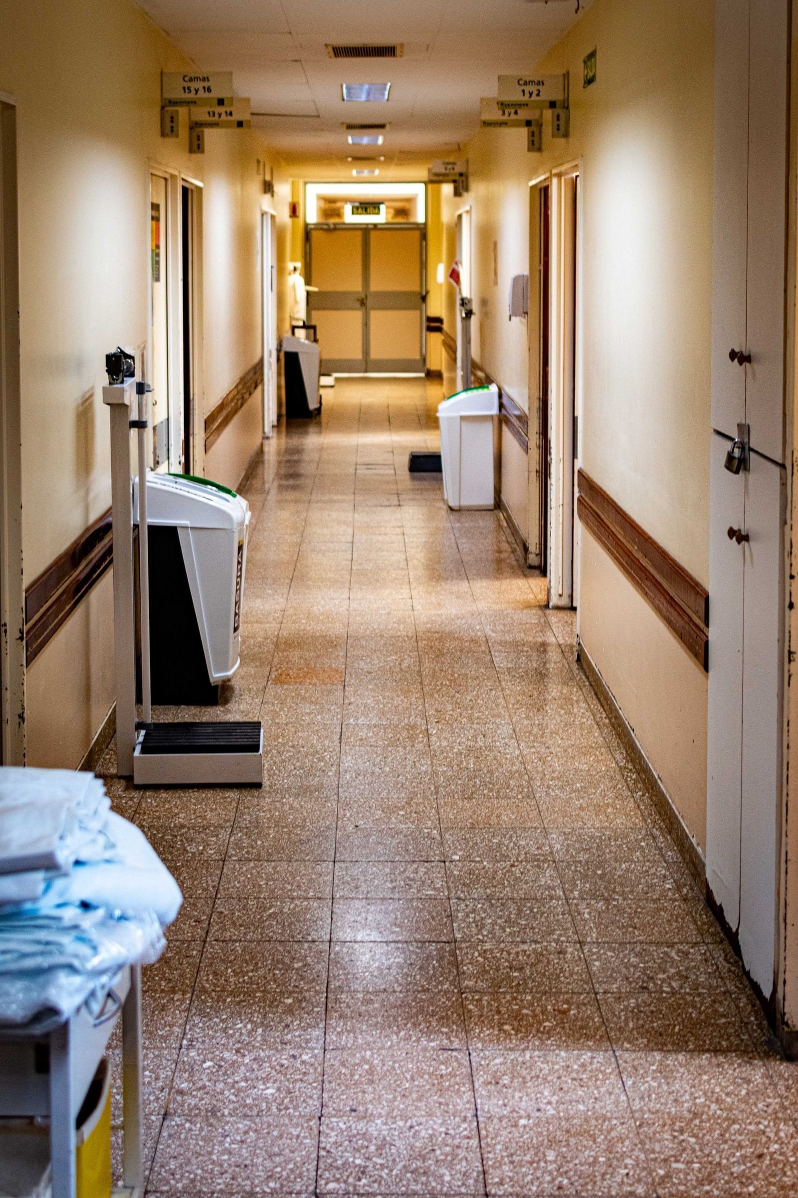 A quiet hospital corridor in natural light