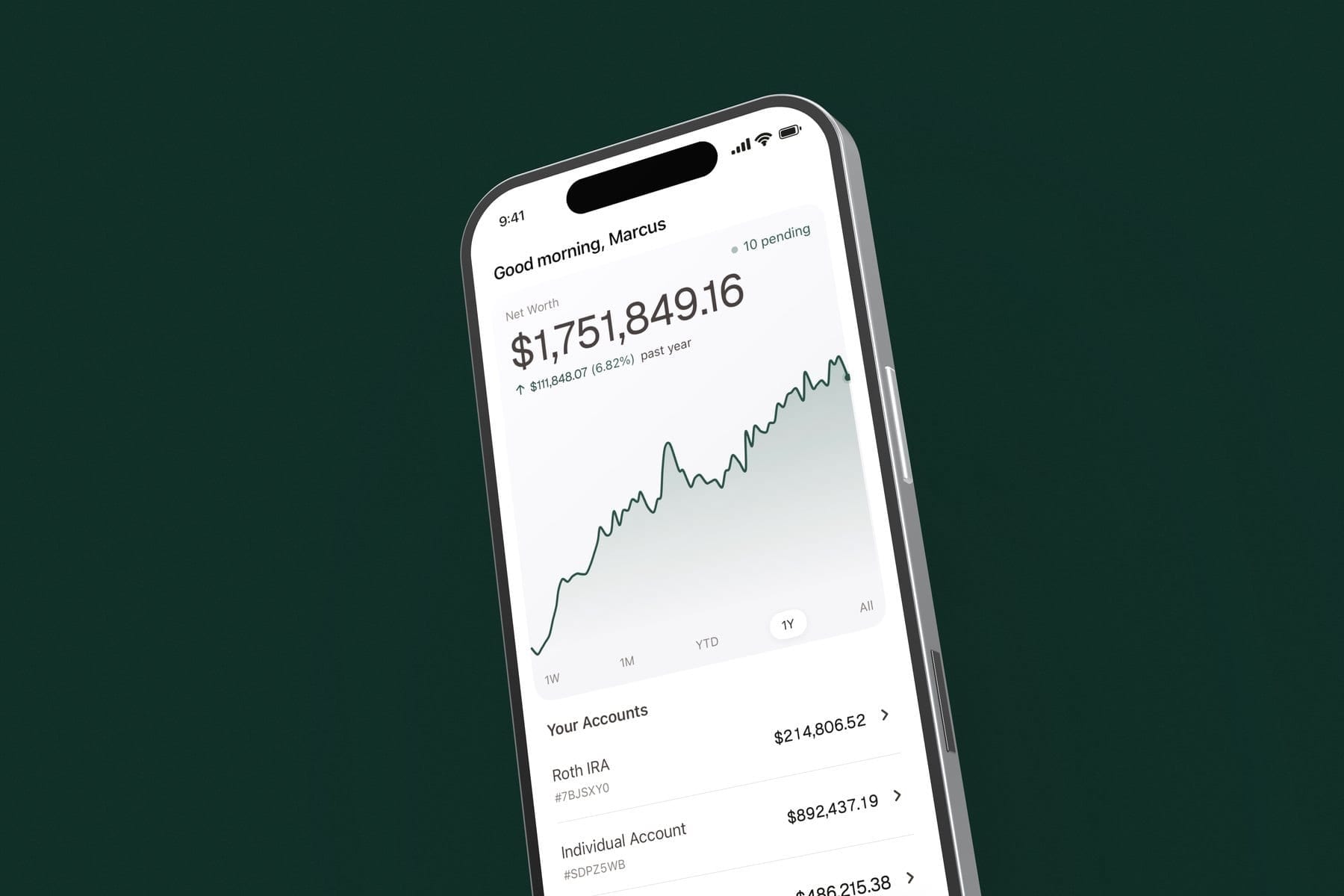 The alooola app showing net worth and account balances